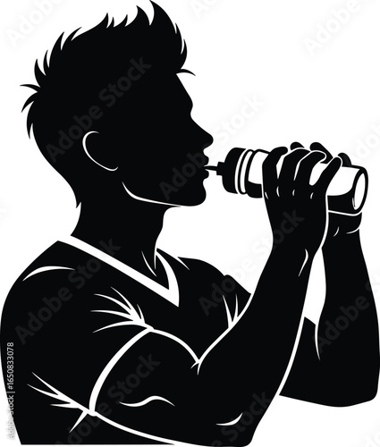 Silhouette of Athletic Man Drinking from Sports Bottle, Perfect for Fitness, Hydration, Workout, Gym, Health, and Training Design Themes