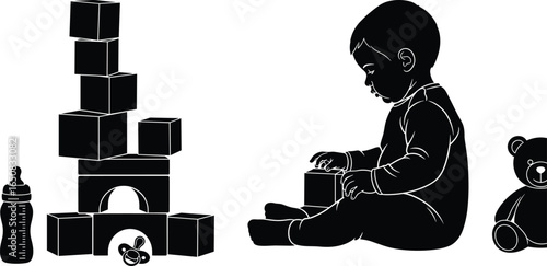 Silhouette of baby playing with blocks, toddler sitting on floor, early childhood development, learning toys, bottle and teddy bear