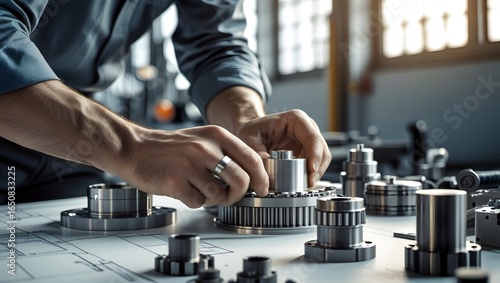 Skilled craftsman meticulously assembling intricate metal components and precision gears on a blueprint in a workshop setting
