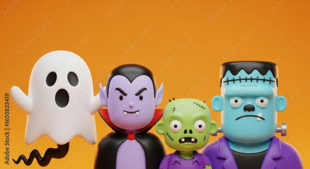 Obraz premium Spooky Halloween Friends Cartoon Characters Gathering Together