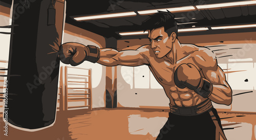 An intense and muscular fighter in a gym, channeling his inner warrior while training with a powerful punch on a heavy bag