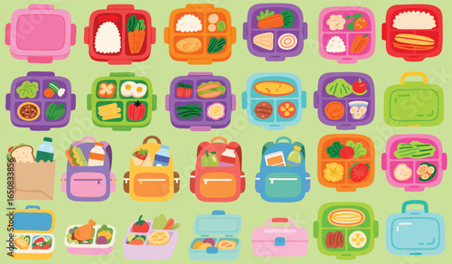Colorful Lunch Boxes and Backpacks with Healthy Food Illustrations