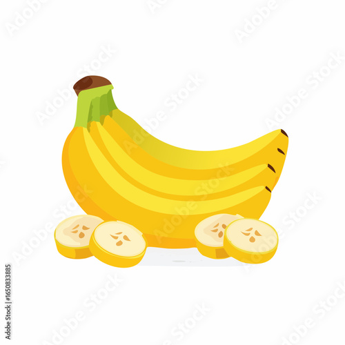 Vibrant yellow banana bunch and neatly sliced pieces showcasing freshness and natural sweetness on a clean white background, ideal for healthy eating concepts and balanced diets.