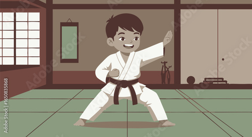 Young Boy Demonstrating Karate Stance in a Traditional Setting