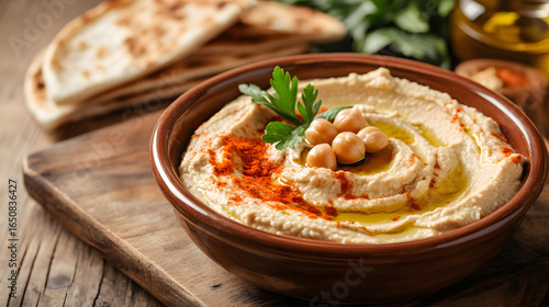 A bowl of creamy hummus garnished with chickpeas, paprika, and parsley, served with pita bread on a wooden table.