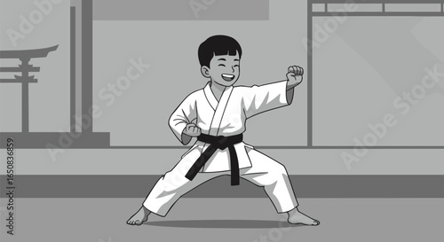 A cheerful young boy, wearing a black belt, demonstrates a confident karate stance, embodying discipline and the joy of martial arts practice in a traditional dojo