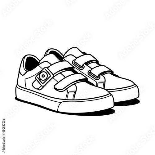 Whimsical footwear illustration showcasing child's sneakers with hook-and-loop fastener design artistic rendering