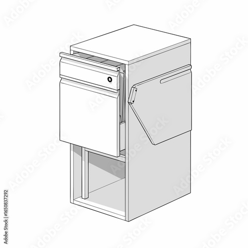 Isometric technical illustration of a storage cabinet with open compartments and doors showing interior design detail