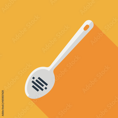 Stylized slotted spoon illustration against an orange backdrop creating a visual effect of depth with long shadows