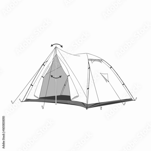 Detailed illustration of a white camping tent against a neutral backdrop displaying its structure and design aspects