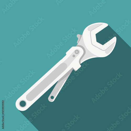 Adjustable wrench tool icon illustration with elongated shadow offering a simplistic design aesthetic representing repair and maintenance