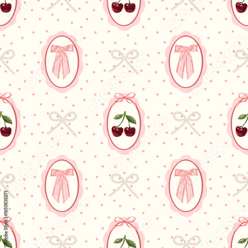 Kawaii Hand Drawn Cherry and Bow with pearls Seamless Pattern on beige and Pink Polka Dot Background
