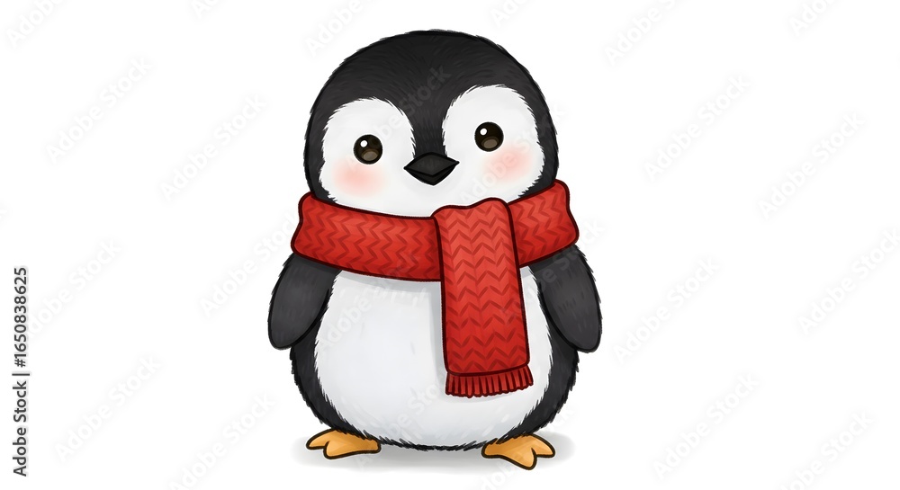Naklejka premium Adorable cartoon penguin wearing a cozy red knitted scarf, isolated on white background
