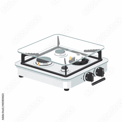 Isometric illustration of a compact gas stove emphasizing its functional design and modern aesthetic  for culinary use