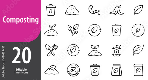 Composting Line Icons Set, Organic Waste, Recycling, Eco Friendly Lifestyle, Soil Enrichment, Zero Waste, Editable Formats: AI, EPS, PNG, Ideal for Both Digital and Print Use
