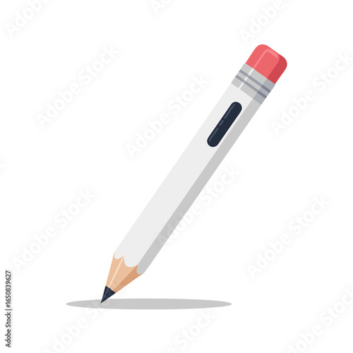 Isolated illustration of a white pencil, symbol of creativity, writing and drafting, simple design representation of sketching instrument positioned