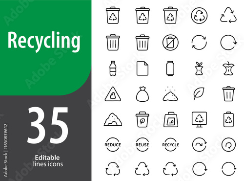Recycling Line Icons Set, Waste Management, Eco Friendly Lifestyle, Reuse and Reduce, Circular Economy, Editable Formats: AI, EPS, PNG, Ideal for Both Digital and Print Use
