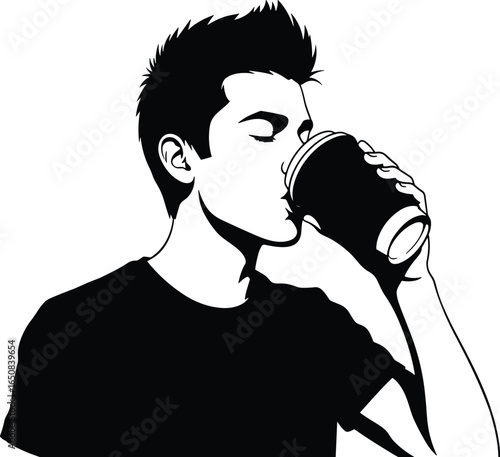 Black and white illustration, person drinking coffee, takeaway cup, short hair, casual style, sipping beverage, minimalist art, hand-drawn sketch