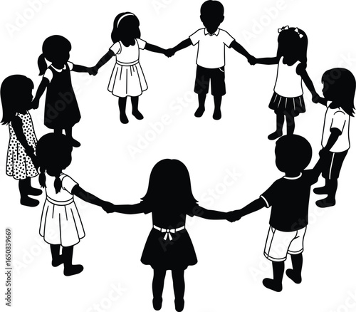 Children holding hands in circle, silhouette vector illustration of diverse kids group playing together, childhood unity, teamwork, friendship, social bonding concept.