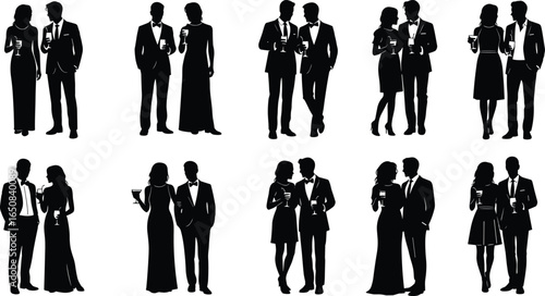 Elegant Silhouettes of Couples in Formal Attire Holding Drinks, Perfect for Party, Event, Celebration, Romance, and Lifestyle Design Themes