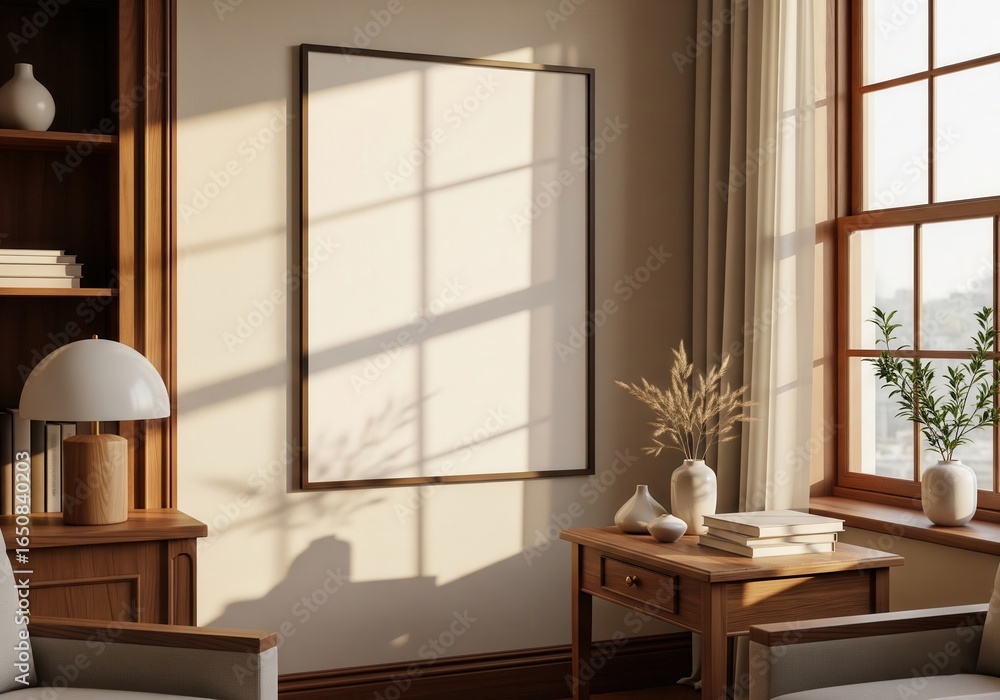 Fototapeta premium Modern interior with blank frame: A sunlit corner of a modern interior, featuring an empty picture frame, inviting you to envision your own art or message. The scene radiates warmth and minimalism.
