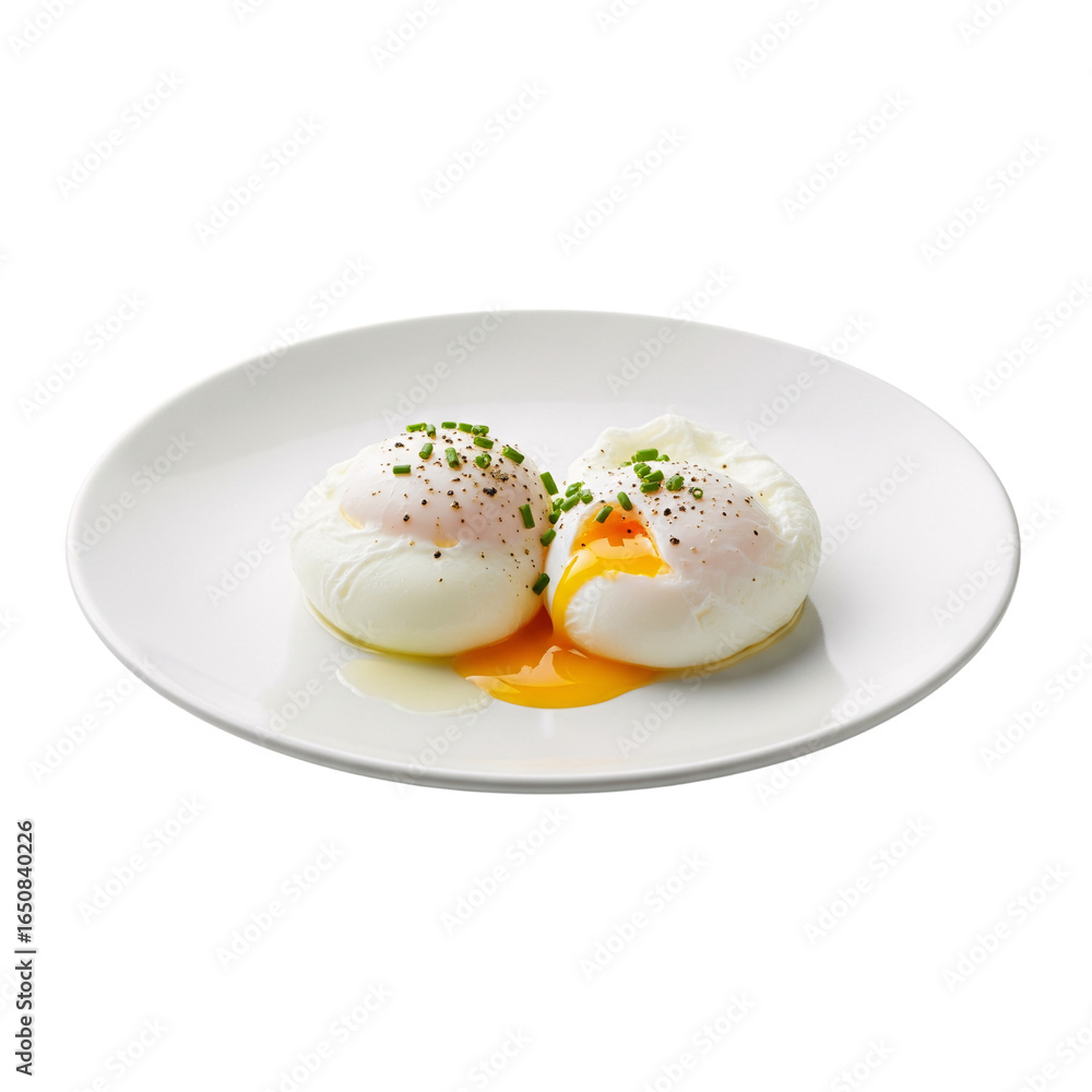 Perfectly poached eggs with a runny yolk, sprinkled with black pepper and chives, served on a white plate isolated on a transparent background Perfectly poached eggs with a runny yolk, sprinkled with black pepper and chives, served on a white plate isolated on a transparent background