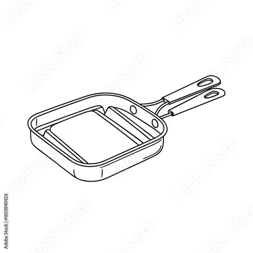 Isolated grill pan illustration displaying a square pan with ridged bottom and dual handles isometrically positioned
