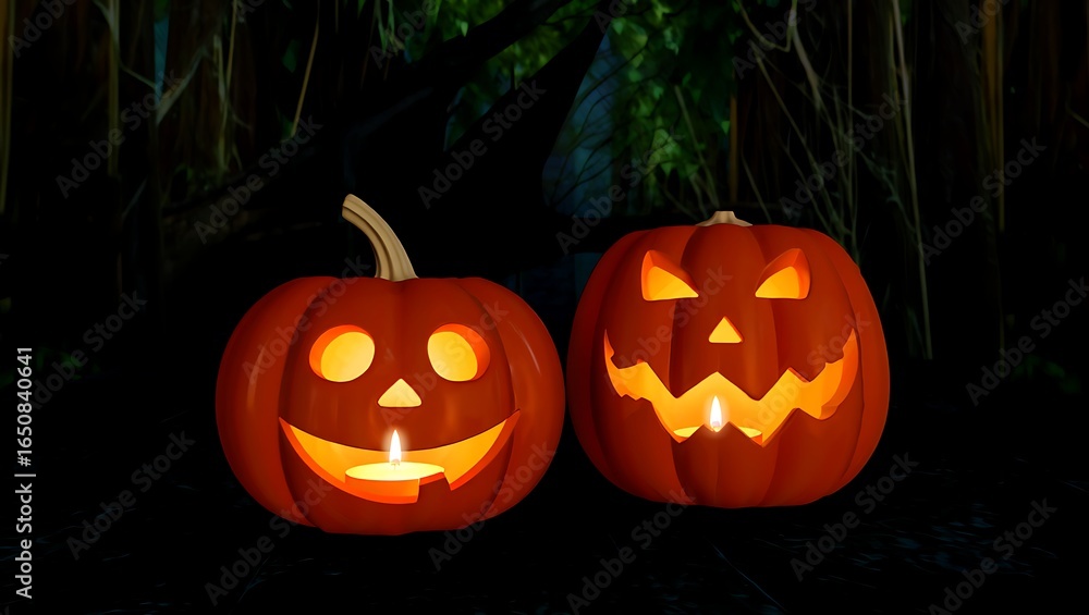 Fototapeta premium Two glowing carved halloween pumpkins with spooky faces in the dark