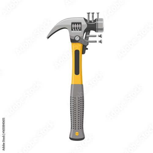 Abstract composition of a hammer, adjustable wrench, and screws symbolizing unconventional tool utilization, creative problem-solving, and handyman