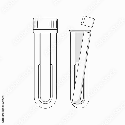 Depiction of test tubes for laboratory examination with cap off, and sample strip inside showcasing medical instruments