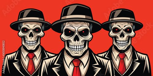 Three skeletons wearing suits and hats on a red background