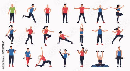 Diverse individuals performing various physical activities promoting health and well-being in a modern illustrative style