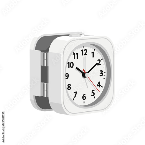 Minimalist white alarm clock with a unique hinge design displayed on a clean backdrop, capturing time