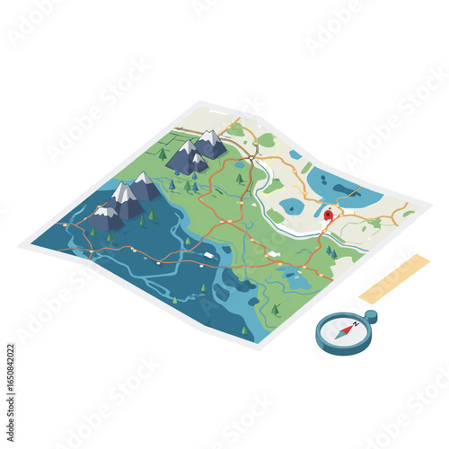 Isometric depiction showcasing navigation tools and a detailed topographic map for adventure seekers
