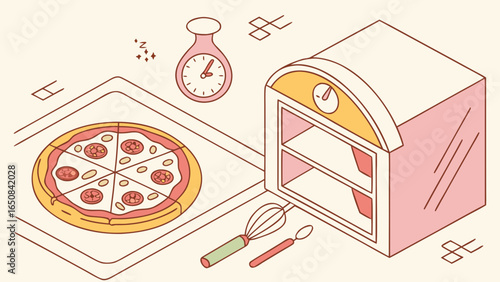 Stylized illustration of a pizza baking in an oven with kitchen tools