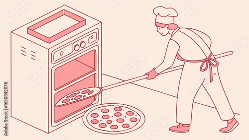 Chef uses a pizza peel to place a pizza into a commercial oven