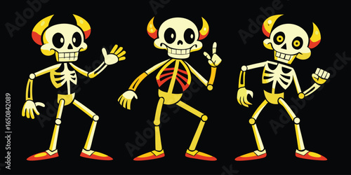 Slika na platnu Three cartoon skeletons with horns and glowing eyes on a black background