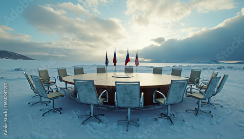 Circular Table and Chairs in Snow with Flags