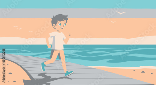 Illustration of a young man enjoying a healthy morning run on a scenic beachside boardwalk with the ocean in the background