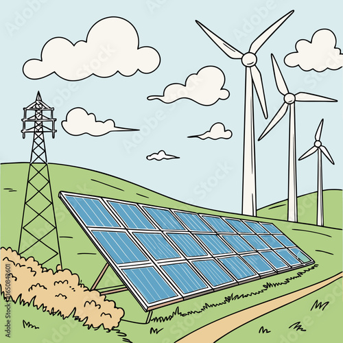 Clean energy solar panels and wind turbines vector scene