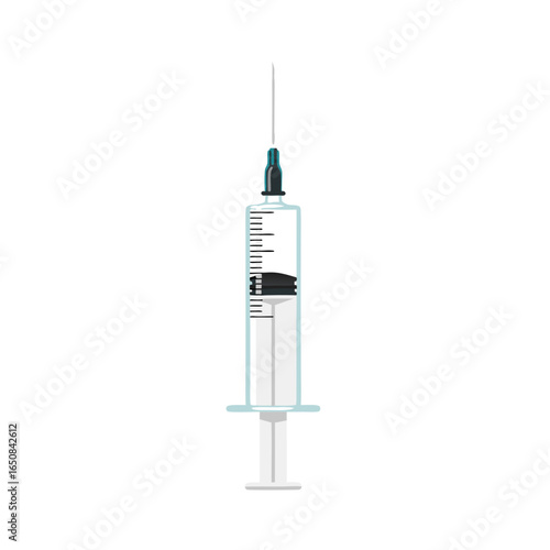 Illustration of a syringe, a medical instrument used for injecting fluids, against a plain white backdrop indicating precision