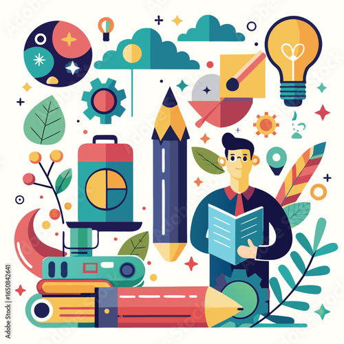 Creative workspace illustration, vibrant office design with inspirational elements, Adobe Illustrator Artwork