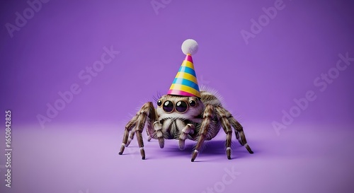 Adorable jumping spider sporting a festive party hat brings cheerful whimsy to any celebration or unique marketing campaign