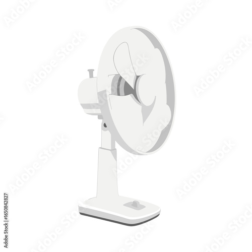A clean simplistic illustration of a white electric fan provides comfort on a hot day with refreshing breeze circulating air for cooling effects