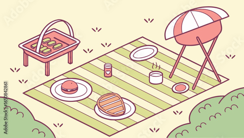 Isometric illustration of a summer picnic with food and grill