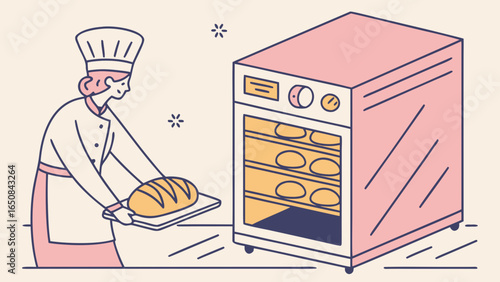 Baker placing bread into a large commercial oven