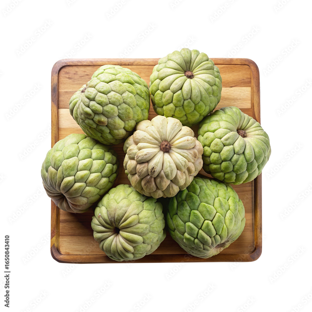 Fototapeta premium Custard Apples on a Wooden Board, Fresh and Ready to Eat, Close up