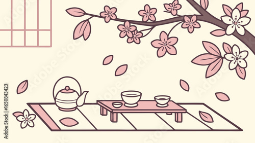 Japanese tea ceremony with cherry blossoms and falling petals