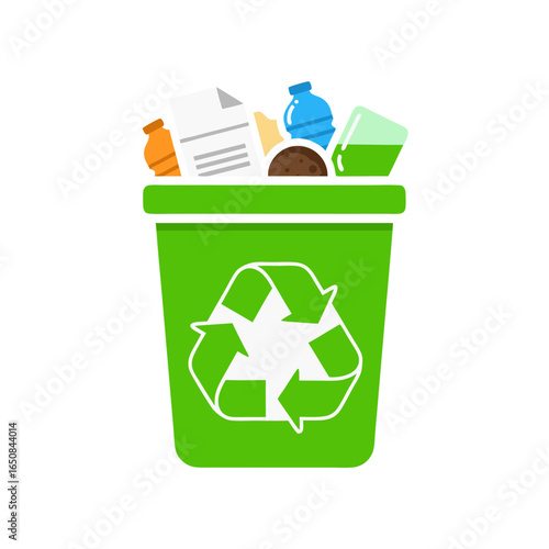 Vibrant green recycling bin brimming with diverse discarded materials, symbolizing waste reduction efforts and ecological awareness