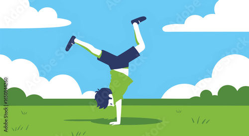 Energetic young boy practicing gymnastics with a cartwheel on green grass. Flat design vector graphic of a child playing outdoors in summer
